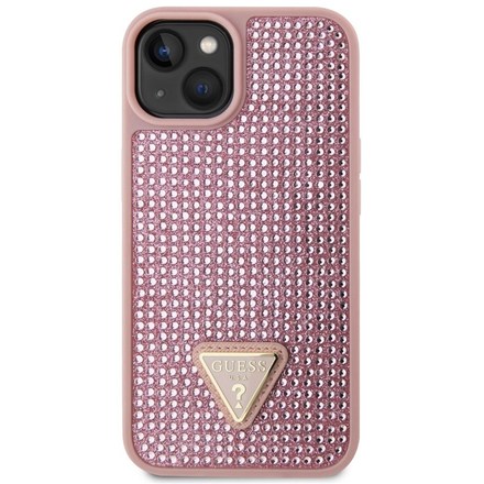 Kryt na mobil Guess Rhinestones Triangle Metal Logo na Apple iPhone 14 - růžový