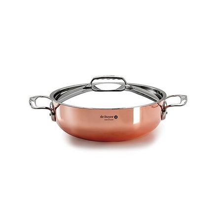 Nerezový hrnec de Buyer 6232.28 PRIMA MATERA, měděný, poklice z nerezové oceli, zaoblený tvar, 2 rukojeti z lité nerezové oceli, průměr 28 cm, objem 4,9 L, výška 10 cm, váha 3,12 kg