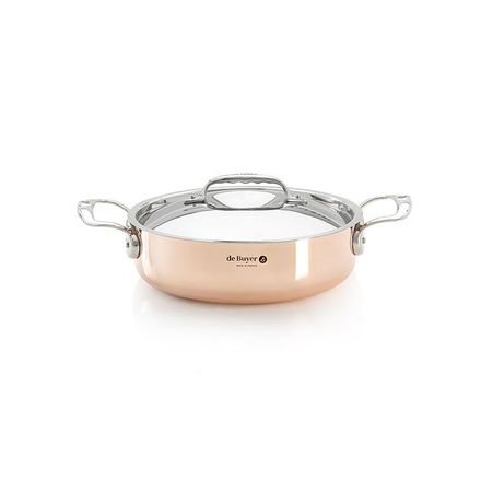 Nerezový hrnec de Buyer 6241.20 PRIMA MATERA, nízký, měděný, poklice z nerezu, průměr 20 cm, objem 1,8 L, výška 6 cm, rovné boky, rovné nízké okraje, 2 rukojeti z nerezové oceli