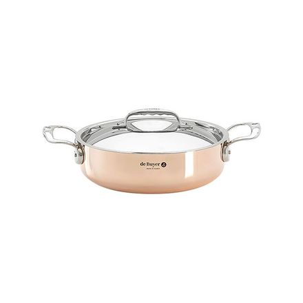 Nerezový hrnec de Buyer 6241.24 PRIMA MATERA, nízký, měděný, poklice z nerezu, průměr 24 cm, objem 3,1 L, výška 6,8 cm, rovné boky, rovné nízké okraje, 2 rukojeti z nerezové oceli