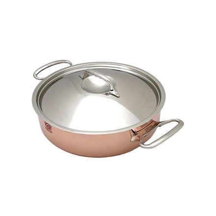 Nerezový hrnec de Buyer 6241.28 PRIMA MATERA, nízký, měděný, poklice z nerezu, průměr 28 cm, objem 4,9 L, výška 9,2 cm, rovné boky, rovné nízké okraje, 2 rukojeti z nerezové oceli