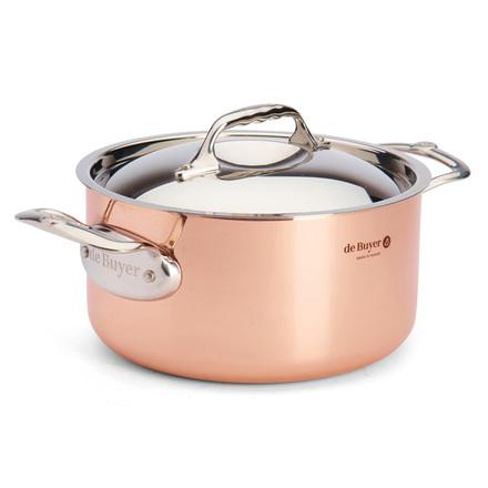 Nerezový hrnec de Buyer 6242.20 PRIMA MATERA, měděný, poklice z nerezu, magnetické dno, 2 rukojeti z nerezové oceli, průměr 20 cm, objem 3,3 L, výška 10,3 cm (2)