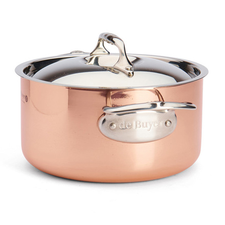 Nerezový hrnec de Buyer 6242.20 PRIMA MATERA, měděný, poklice z nerezu, magnetické dno, 2 rukojeti z nerezové oceli, průměr 20 cm, objem 3,3 L, výška 10,3 cm (3)