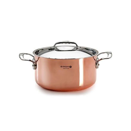 Nerezový hrnec de Buyer 6242.24 PRIMA MATERA, měděný, poklice z nerezu, magnetické dno, 2 rukojeti z nerezové oceli, průměr 24 cm, objem 5,4 L, výška 12,3 cm