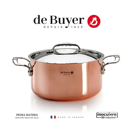 Nerezový hrnec de Buyer 6242.24 PRIMA MATERA, měděný, poklice z nerezu, magnetické dno, 2 rukojeti z nerezové oceli, průměr 24 cm, objem 5,4 L, výška 12,3 cm (3)