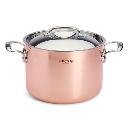 Nerezový hrnec de Buyer 6243.24 PRIMA MATERA, vysoký, měděný, poklice z nerezu, průměr 24 cm, objem 7,5 L, výška 16,5 cm, 2 rukojeti z nerezové oceli