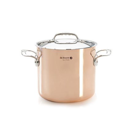 Nerezový hrnec de Buyer 6244.20 PRIMA MATERA, vysoký, měděný, poklice z nerezu, průměr 20 cm, objem 5,7 L, výška 18 cm, 2 rukojeti z nerezové oceli
