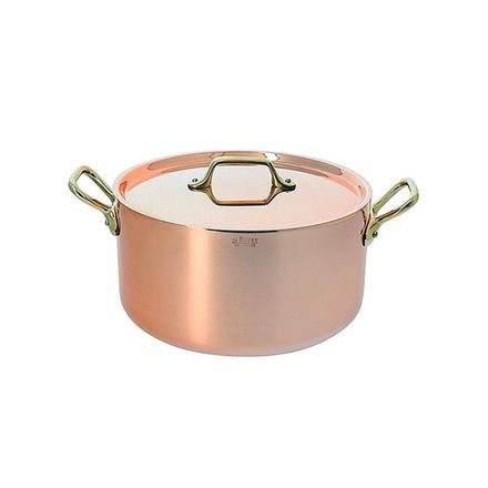 Nerezový hrnec de Buyer 6447.24 INOCUIVRE, měděný, poklice, 2 rukojeti z leštěné mosazi, průměr 24 cm, objem 5,2 L, výška 11,5 cm