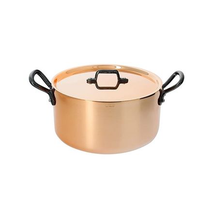 Nerezový hrnec de Buyer 6466.16, měděný, litinová ouška, poklice, průměr 16 cm, nevhodné na indukci