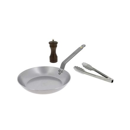 Sada na steaky de Buyer 5610.03, box STEAKLOVER, pánev 26 cm, mlýnek na pepř, nerez kleště