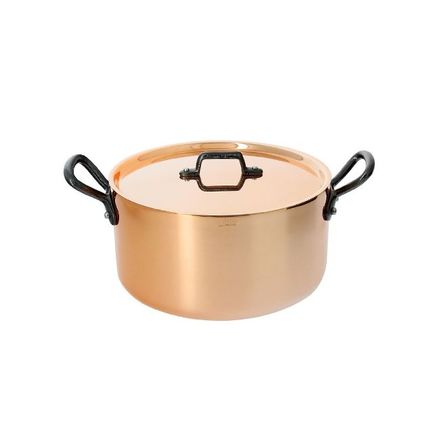 Nerezový hrnec de Buyer 6342.24, PRIMA MATERA, měděný, poklička, úchyty z litiny, pro všechny varné desky, průměr 24 cm, výška 12,3 cm, objem 5,4 L