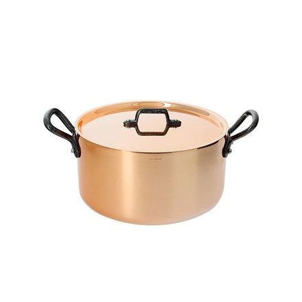 Nerezový hrnec de Buyer 6342.28, PRIMA MATERA, měděný, s pokličkou, úchyty z litiny, vhodné pro všechny varné desky, průměr 28 cm, výška 13,5 cm, objem 8 L