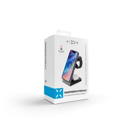Bezdrátová nabíječka Fixed 3v1 MagPowerstation Alu s podporou uchycení MagSafe, 15W+3.5W+2.5W - šedá (10)