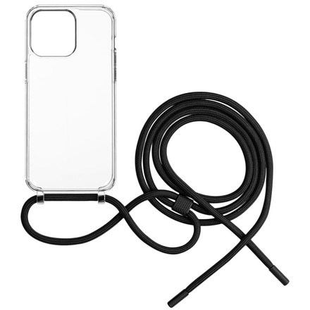 Kryt na mobil Fixed Pure Neck s černou šňůrkou na krk pro Apple iPhone 15 Pro Max - průhledný