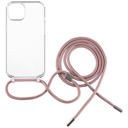 Kryt na mobil Fixed Pure Neck s růžovou šňůrkou na krk pro Apple iPhone 15 - průhledný