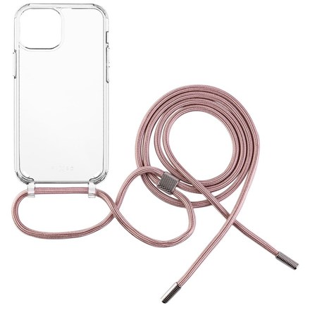 Kryt na mobil Fixed Pure Neck s růžovou šňůrkou na krk na Apple iPhone 13 mini - průhledný