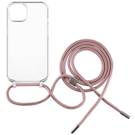 Kryt na mobil Fixed Pure Neck s růžovou šňůrkou na krk na Apple iPhone 12/ 12 Pro - průhledný