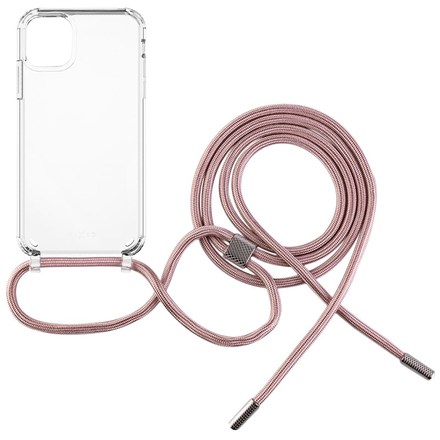 Kryt na mobil Fixed Pure Neck s růžovou šňůrkou na krk na Apple iPhone 11 - průhledný