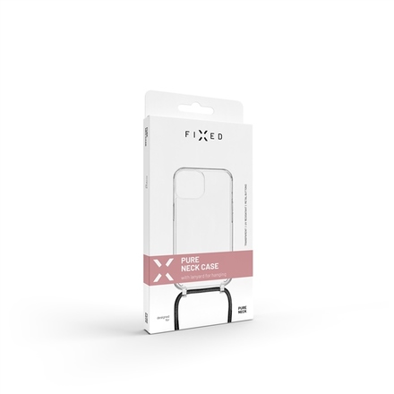 Kryt na mobil Fixed Pure Neck s černou šňůrkou na krk na Apple iPhone 11 - průhledný