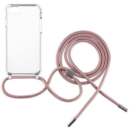 Kryt na mobil Fixed Pure Neck s růžovou šňůrkou na krk na Apple iPhone 7/ 8/ SE (2020/ 2022) - průhledný
