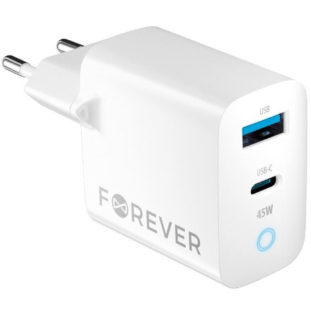 Nabíječka do sítě Forever GaN TC-06-45AC PD QC 1x USB-C, 1x USB, 45W - bílá