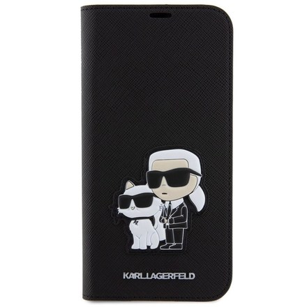 Pouzdro na mobil flipové Karl Lagerfeld Saffiano Karl and Choupette NFT na Apple iPhone 15 Pro Max - černé