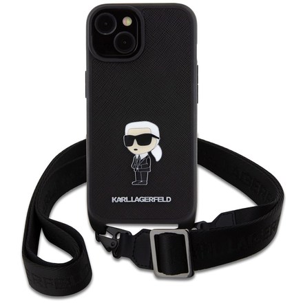 Kryt na mobil Karl Lagerfeld Saffiano Crossbody Metal Ikonik na Apple iPhone 15 Plus - černý