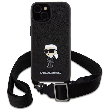 Kryt na mobil Karl Lagerfeld Saffiano Crossbody Metal Ikonik na Apple iPhone 15 - černý
