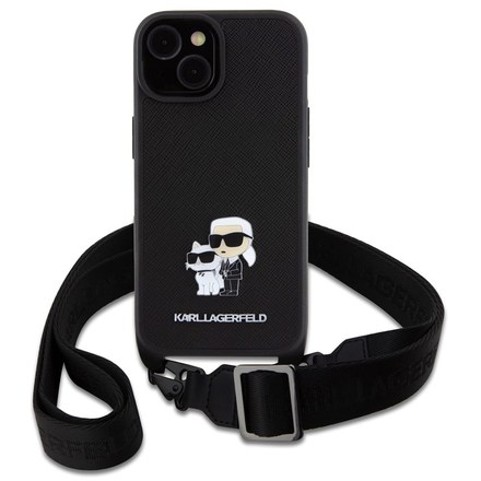Kryt na mobil Karl Lagerfeld Saffiano Crossbody Metal Karl and Choupette na Apple iPhone 15 Plus - černý