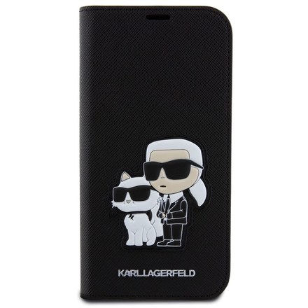 Pouzdro na mobil flipové Karl Lagerfeld Saffiano Karl and Choupette NFT na Apple iPhone 15 - černé