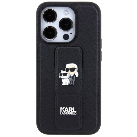 Kryt na mobil Karl Lagerfeld Saffiano Grip Stand Metal Logo na Apple iPhone 15 Pro Max - černý