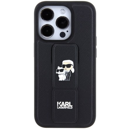 Kryt na mobil Karl Lagerfeld Saffiano Grip Stand Metal Logo na Apple iPhone 15 Pro - černý
