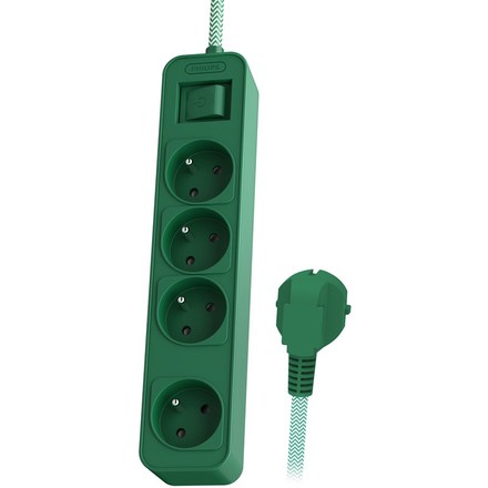 Prodlužovací kabel Philips 4x zásuvka, s vypínačem, 1, 5 m - zelený