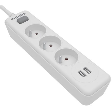 Prodlužovací kabel Philips 3x zásuvka + 2x USB-A, s vypínačem, 2 m - bílý
