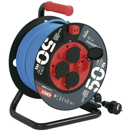 Prodlužovací kabel Emos P08550W Počasí odolný prodluž. kabel na bubnu 50 m / 4 zásuvky / modrý / silikon / 230 V / 1,5 mm2