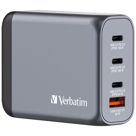 Nabíječka do sítě Verbatim GNC-100 GaN 100W, 3x USB-C PD 100/ 65W, 1x USB-A QC 3.0 - stříbrná
