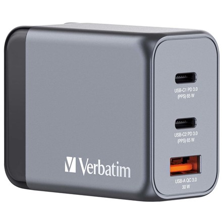 Nabíječka do sítě Verbatim GNC-65 GaN 65W, 2x USB-C PD 65W, 1x USB-A QC 3.0 - stříbrná