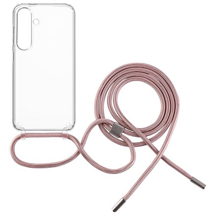 Kryt na mobil Fixed Pure Neck s růžovou šňůrkou na krk na Samsung Galaxy S24 - průhledný