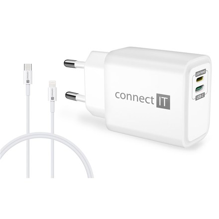 Nabíječka do sítě Connect IT 1x Lightning + 1×USB-C, 20W + kabel Lightning/ USB-C - bílá