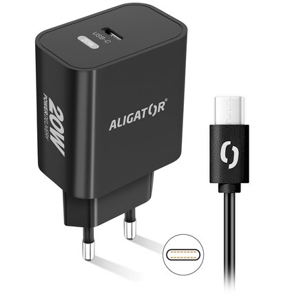 Nabíječka do sítě Aligator Power Delivery 20W, USB-C + USB-C kabel - černá