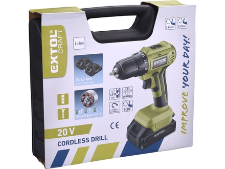 Aku vrtací šroubovák Extol Craft 402450, BRUSHLESS, 20V Li-ion, 2×2Ah (8)
