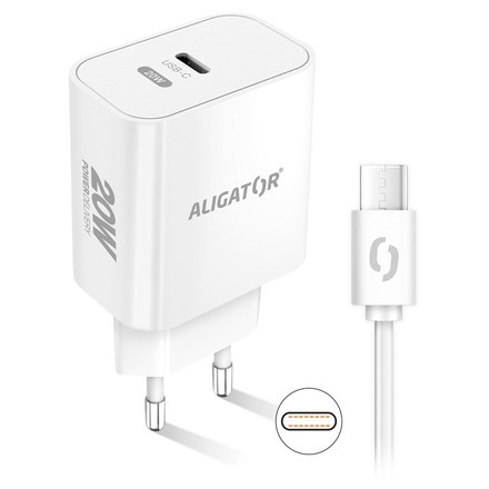 Nabíječka do sítě Aligator Power Delivery 20W, USB-C + USB-C kabel - bílá