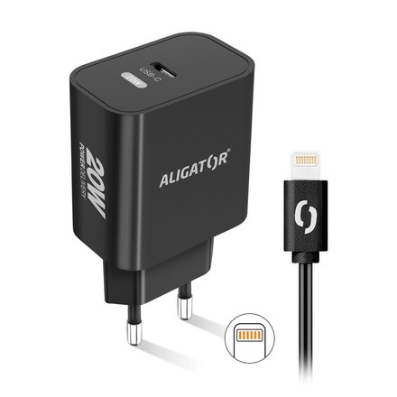 Nabíječka do sítě Aligator Power Delivery 20W, USB-C + kabel pro Apple - černá