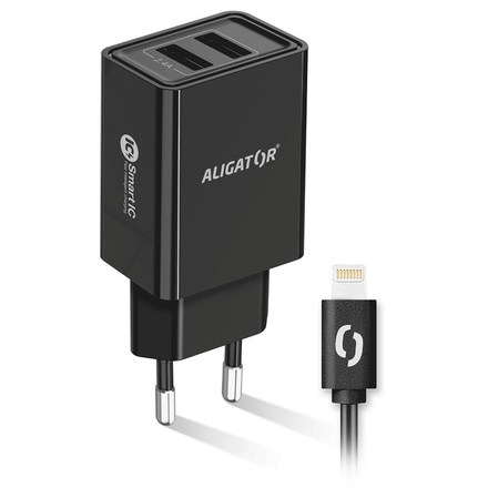 Nabíječka do sítě Aligator 2, 4A, 2xUSB, smart IC, USB kabel pro Apple - černá