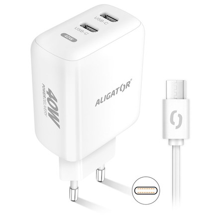 Nabíječka do sítě Aligator Power Delivery 40W, 2xUSB-C + USB-C kabel - bílá