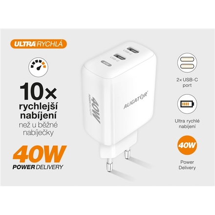 Nabíječka do sítě Aligator Power Delivery 40W, 2xUSB-C + USB-C kabel - bílá (4)
