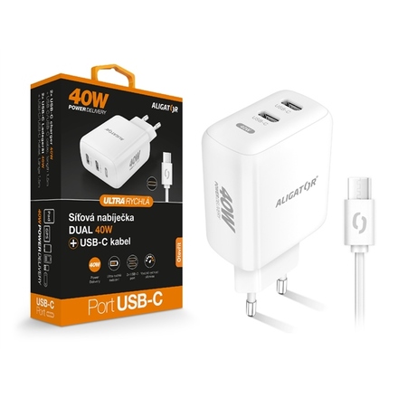 Nabíječka do sítě Aligator Power Delivery 40W, 2xUSB-C + USB-C kabel - bílá (5)