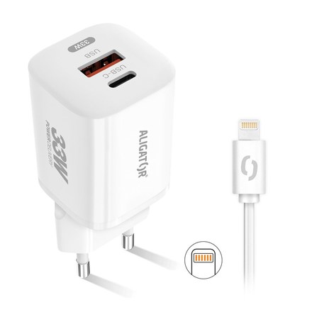 Nabíječka do sítě Aligator Power Delivery 33W, USB-C + USB-A + kabel pro Apple - bílá