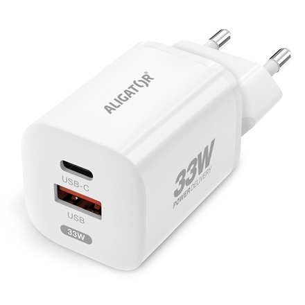 Nabíječka do sítě Aligator Power Delivery 33W, USB-C + USB-A + kabel pro Apple - bílá (5)
