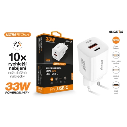 Nabíječka do sítě Aligator Power Delivery 33W, USB-C + USB-A - bílá (4)